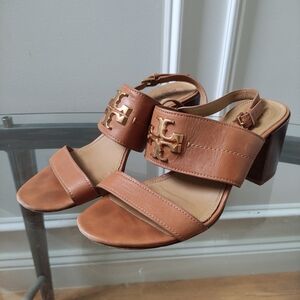 Tory Burch Everly Tan Leather Gold Logo Slingback Block Heel Sandals 8.5-9M